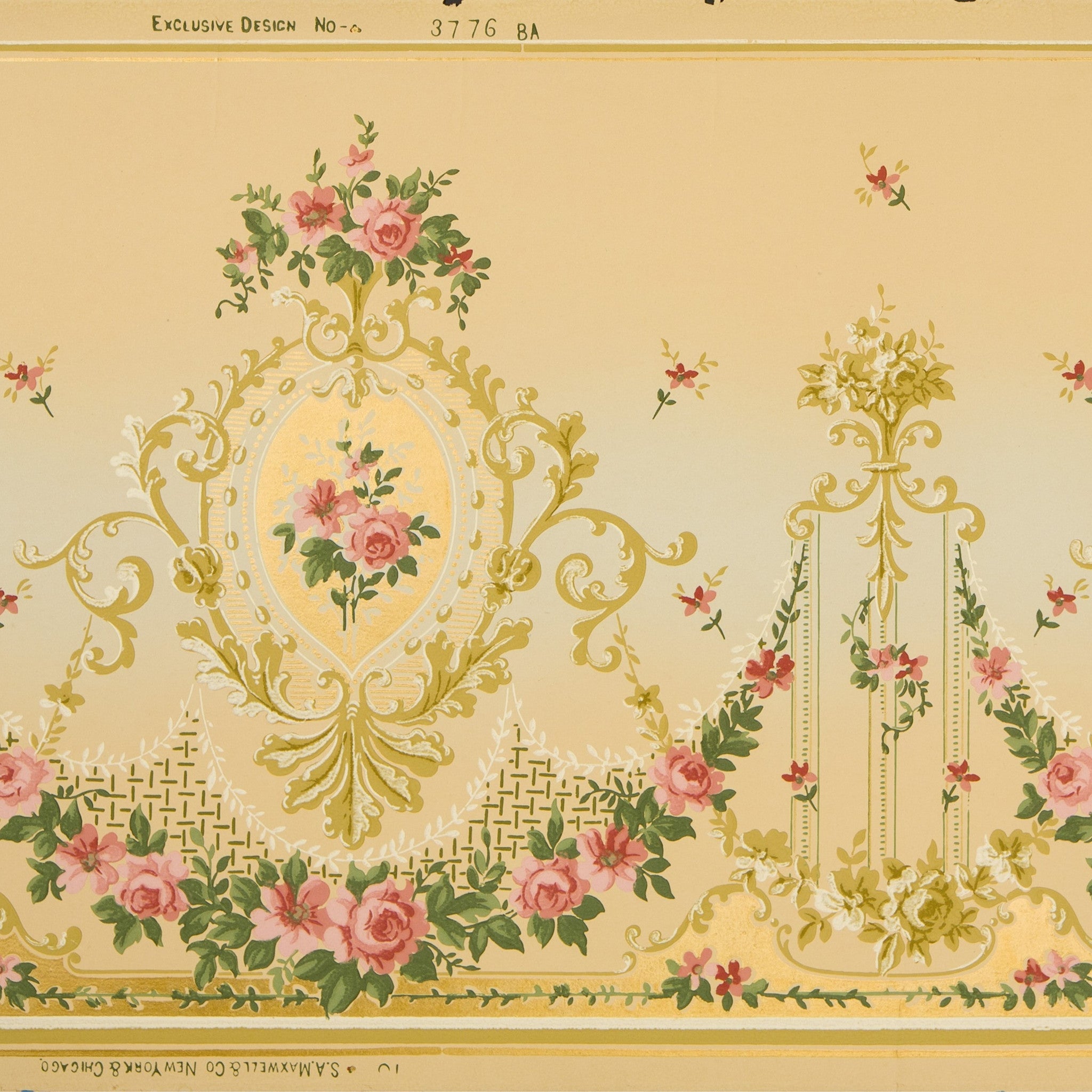 Frieze. Art Nouveau. Alternating large and medium pink lilies connected by  foliate/leafy swag. Secondary ribbon swag behind lilies. Outlined on the  bottom by a simplified lace-like pattern (scalloped). This is repeated near